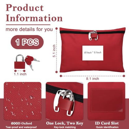 Lockable Money Bag 5x8 Medium Size Oxford Cloth Money Bag with Lock & Keys - color: Red, size: 5x8 In