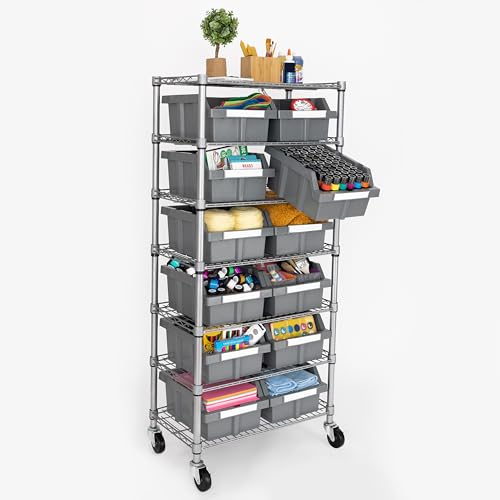 7-Tier NSF 12-Bin Steel Wire Shelving Rack, 25"W x 14"D x 56"H, Gray - color: Gray, size: Includes 12 Bins