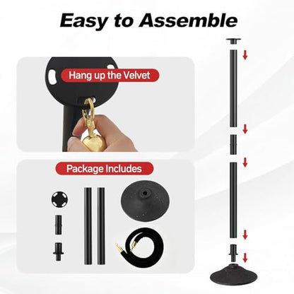 BATTIFE 2 Pack Plastic Stanchion Posts, 10-in Base, Black Velvet Rope - color: Black, size: 34.5inch