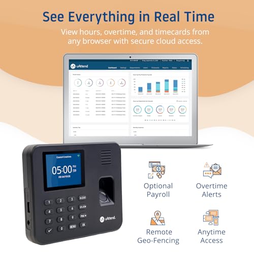 uAttend RE2000 Biometric Time Clock for Employees – Fingerprint + PIN Punching, Wi‑Fi Cloud Time & Attendance System with Offline Storage, Payroll-Ready – Small Business Time Tracking