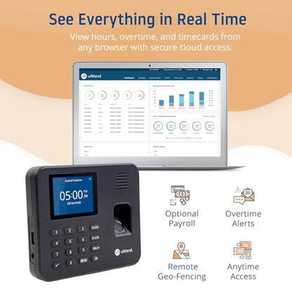 uAttend RE2000 Biometric Time Clock for Employees – Fingerprint + PIN Punching, Wi‑Fi Cloud Time & Attendance System with Offline Storage, Payroll-Ready – Small Business Time Tracking