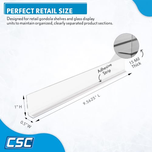 Clip Strip 50 Pack Shelf Dividers for Retail Stores, 1" H x 9-9/16" L, 15 mil Crystal Clear PVC Adhesive Mount Retail Shelf Separator Corp., SD-1510