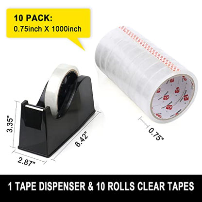 BOMEI PACK Desktop Tape Dispenser (Fits 1" & 3" Core) with Transparent Tape Refills, Clear Tape with Black Tape Holder,Weighted Non Slip Base, for Masking Tape,Heat Resistant Tape