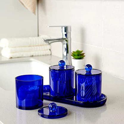 SheeChung 3 PCS Qtip Holder Bathroom Set with Tray, Acrylic Apothecary Jars - color: Blue