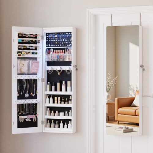 HNEBC Over the Door Organizer, Jewelry Cabinet with Lights,White - color: 21-White