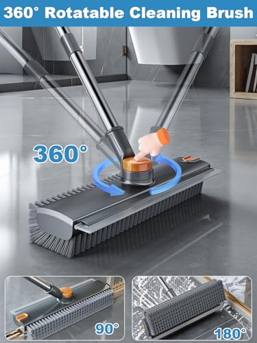 Floor Scrub Brush with Long Handle, 4 in 1 Shower Scrubber with Floor Squeegee and Heavy-Duty Stiff Bristle Push Broom for Cleaning Shower Bathroom Patio Pool Kitchen Wall Deck Tile Garage - color: Gray