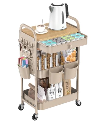 ALVOROG 3 Tier Metal Rolling Cart with Drawer,Wood Top,Pegboards,Khaki - color: Khaki