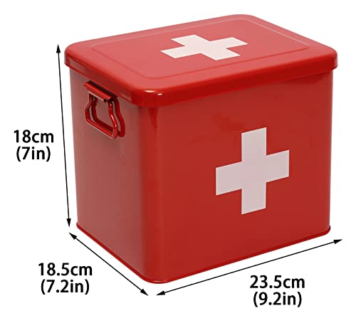 First Aid Kit, First Aid Medicine Supplies Bin - 2-Tier Metal Medicine Storage Tin, First Aid Box with Removable Tray for Home Emergency Tool Set-Red