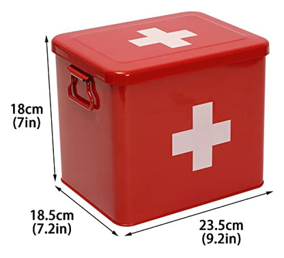 First Aid Kit, First Aid Medicine Supplies Bin - 2-Tier Metal Medicine Storage Tin, First Aid Box with Removable Tray for Home Emergency Tool Set-Red