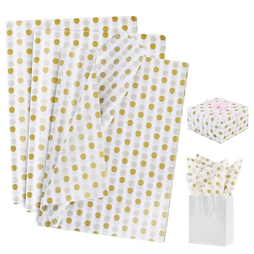 BEISHIDA White and Gold Tissue Paper Bulk, Polka Dot Wrapping Tissue Paper for Gift Bags, 14 x 20 Inch Gift Wrap for Christmas Birthday Wedding Graduation DIY Crafts Holiday Flowers,50 Sheets - color: dots-whitegold