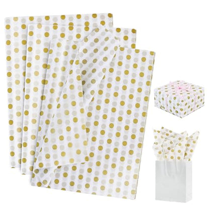 BEISHIDA White and Gold Tissue Paper Bulk, Polka Dot Wrapping Tissue Paper for Gift Bags, 14 x 20 Inch Gift Wrap for Christmas Birthday Wedding Graduation DIY Crafts Holiday Flowers,50 Sheets - color: dots-whitegold