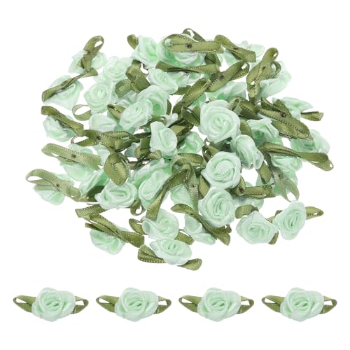 MECCANIXITY 30 Pcs Light Green Mini Ribbon Bows Roses 5/8" x1-3/16 Tiny Satin Bows Roses for Sewing Appliques Crafts Little Artificial Flowers - color: Light Green