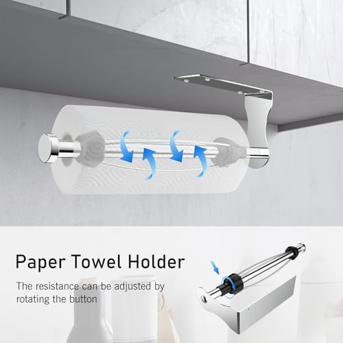SetSail Paper Towel Holder, Single Hand Operable Paper Towel Holder Under Cabinet with Adjustable Damper Easy Tear Wall Mount Self-Adhesive or Drilled for Kitchen Bathroom, Mirror Silver - color: Bright Silver