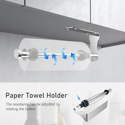 SetSail Paper Towel Holder, Single Hand Operable Paper Towel Holder Under Cabinet with Adjustable Damper Easy Tear Wall Mount Self-Adhesive or Drilled for Kitchen Bathroom, Mirror Silver - color: Bright Silver