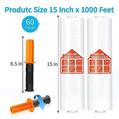 JARLINK Stretch Film, 15" x 1000' Shrink Pallet Wrap W/Handles, 60 Gauge - size: 2 Pack, style: Orange Handles