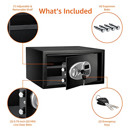 Amazon Basics Steel Security Safe Box with Digital Keypad, for Valuables, Cash, Jewelry, Documents, Removable Shelf, Black, 1 Cubic Foot, 16.9"x14.6"x9.1" (WxDxH) - size: 1 Cubic Feet