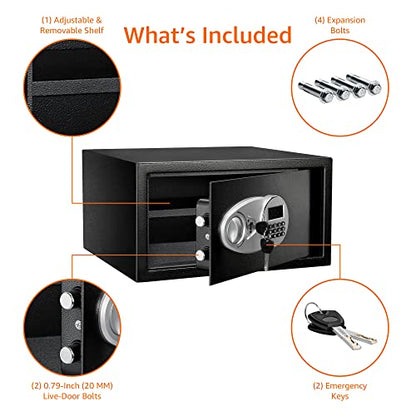 Amazon Basics Steel Security Safe Box with Digital Keypad, for Valuables, Cash, Jewelry, Documents, Removable Shelf, Black, 1 Cubic Foot, 16.9"x14.6"x9.1" (WxDxH) - size: 1 Cubic Feet