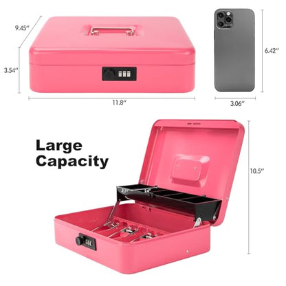 Cash Box with Combination Lock & Foam Auto-Pop Coin Tray – Secure Steel Money Box with 4 Upgraded Finger-Safe Bill Clips, Premium Smooth Scratch-Resistant Coating, 11.8", Combo Hot Pink - color: Combo Hot Pink