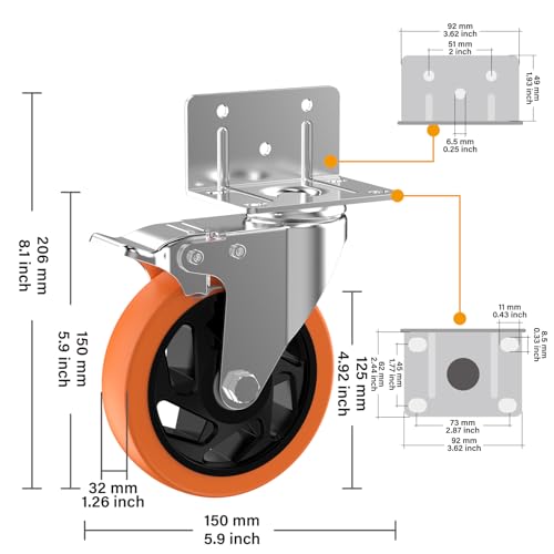 5" L-Shaped Caster Wheels Set of 4, Side Mount Swivel Casters - size: 5 inch