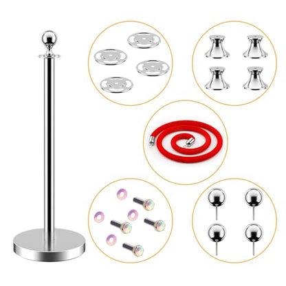 LOVMOR Crowd Control Stanchion, 12Pcs Silver Stanchion Posts Queue with 8pcs 5 ft/1.5 m Red Velvet Rope, Rope Barriers Crowd Control Barriers Queue Line for Hotel Theater Party Supplies - color: Silver-12pack