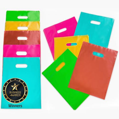 Choice Marts 100 Multicolor Plastic Bags With Handles 9x12 Merchandise Bags - color: Multicolor