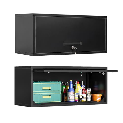 MIIIKO Wall Cabinet with 1 Door, Wall Mounted Garage Tool Cabinets, Small Metal Floating Cabinet for Garage, Home Office, Kitchen and Pantry - color: Black, size: 13"D x 32"W x 14"H