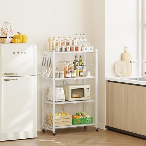 Fenbeli 4-Tier Folding Metal Storage Shelves with Wheels, 600 lb Capacity - color: White, size: 4 Tier