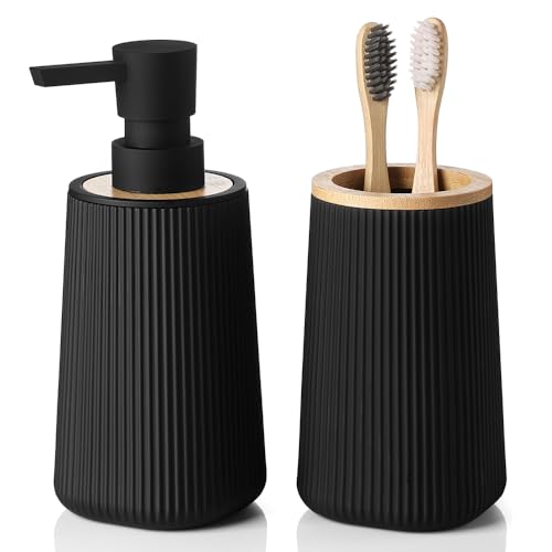 YAUKPH Bathroom Soap Dispenser and Toothbrush Holder Striped Black Bamboo - color: Striped Black and Bamboo