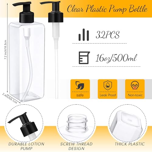 Zubebe 32 Pcs 16 oz Empty Plastic Pump Bottles Lotion Bottles with Pumps Clear Square Lotion Dispenser Refillable Shampoo Container for Massage Oil Liquid Soap Face Cream Moisturizer(White, Black) - color: White, Black