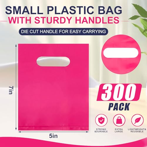 Maitys Rose Red 300 Pcs Small Plastic Bags with Handles 5x7 for Business - color: Rose Red