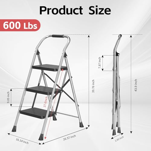 600Lbs Heavy Duty Step Ladder Foldable Folding Stool - for Home Adults Kitchen 3 Stepping Extension Tall with Handrails - Closet Stepstool Stair Ladders Extendable Stepladder for Indoor House - size: 3 Step