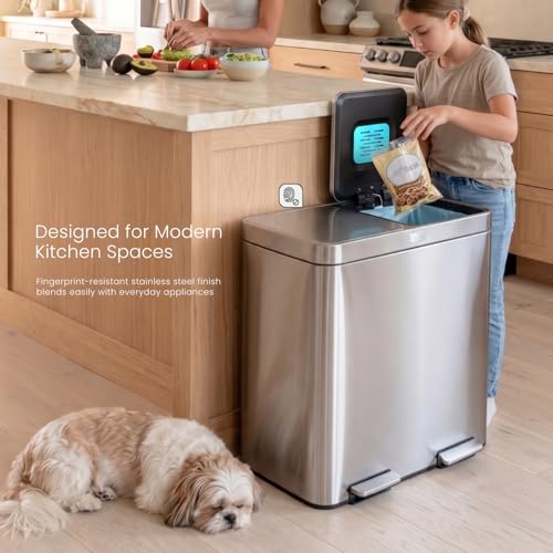 Home Zone Living 16 Gallon Kitchen Trash Can with Dual Compartments - color: Silver, size: 16 Gallon