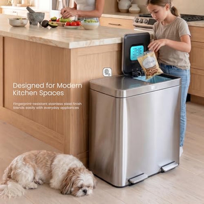 Home Zone Living 16 Gallon Kitchen Trash Can with Dual Compartments - color: Silver, size: 16 Gallon