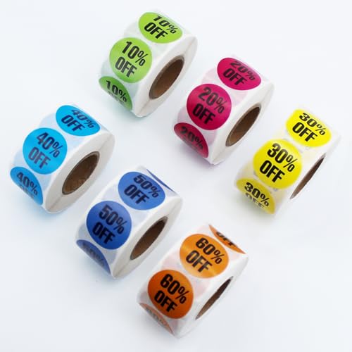 6Rolls/3000 PCS Discount Stickers, Percent Discount from 10% to 60%