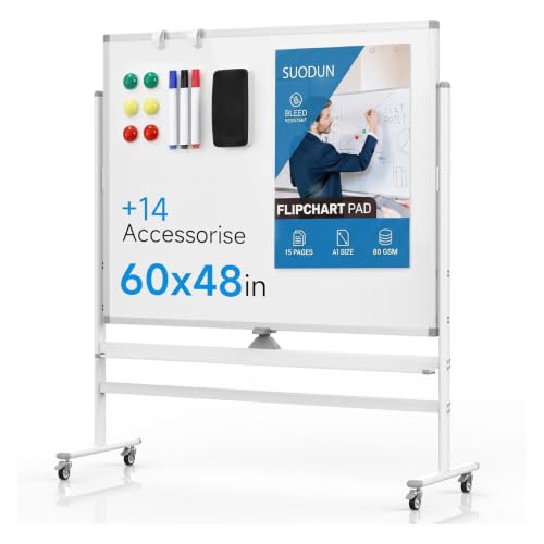 Mobile Rolling Whiteboard on Wheels 60"x 48" Double-Sided Magnetic - color: White, size: 60X48
