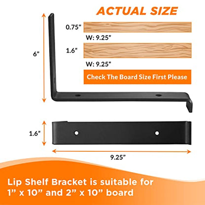 BATODA 10” Shelf Brackets with Lip (Match 9.25" Board) - 6 Pcs Z Shelf Bracket Black - Heavy Duty Hook Brackets for Shelves - Wall Mounted Support for DIY - Shelving Hardware Included (Pack 6) - size: 9.25 Inch