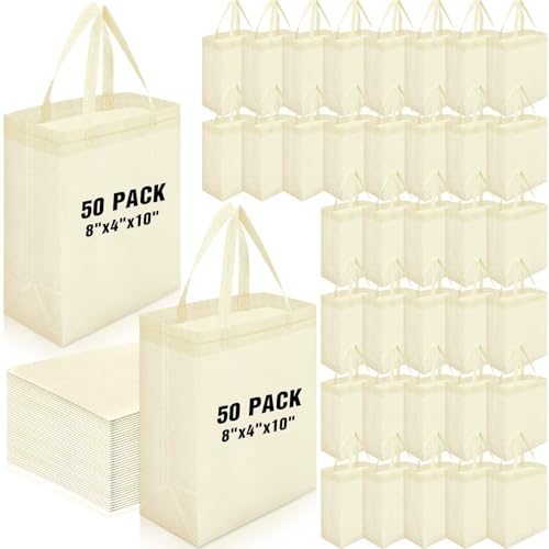 Windyun 50 Pcs Reusable Tote Bag Bulk 8 x 4 x 10 Inch, Beige - color: Beige