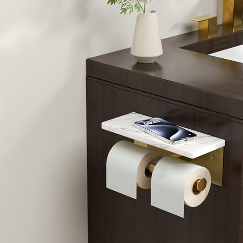 FORIOUS Double Marble Toilet Paper Holder with Phone Shelf, Commercial - color: Brushed Gold, size: Double Roll