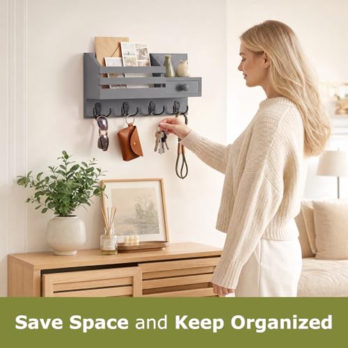 Key Holder Wall Mount, Wooden Key and Mail Organizer, Gray - color: Gray