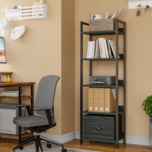 Furologee 5 Tier Bookshelf with Drawer, Tall Narrow Bookcase, Black Oak - color: Black Oak, size: 5 Tier