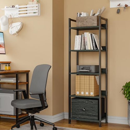 Furologee 5 Tier Bookshelf with Drawer, Tall Narrow Bookcase, Black Oak - color: Black Oak, size: 5 Tier