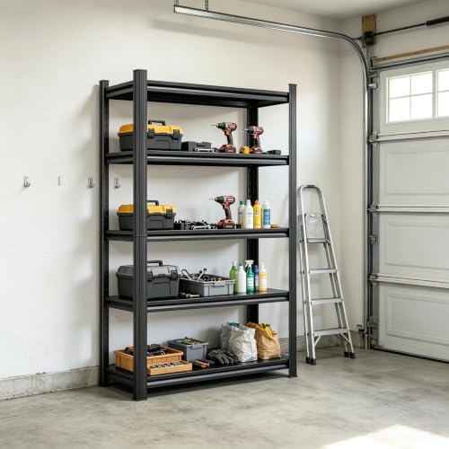 5 Tier Garage Shelving, Heavy Duty Storage Shelf, Adjustable Metal Storage Rack for Garage, Warehouse, Workshop, Black (63" H x 28" W x 14" D) - size: 5-Tier (63"Hx28"Wx14"D)