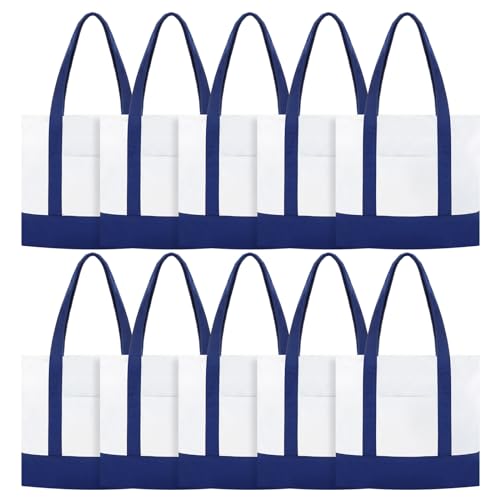 Reginary Large Canvas Tote Bag Bulk - color: Navy Blue and White