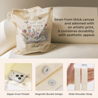 Cute Canvas Tote Bag for Women, Book Totebag with Zipper Pocket - color: Just One More Chapter