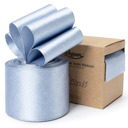 Keypan Light Blue Satin Ribbon Wired Silver Glitter 2-1/2 Inch x 10 Yards - color: Glitter Light Blue, size: 2-1/2"