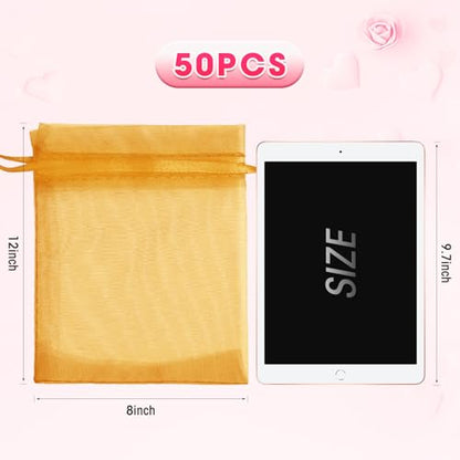 ANZNKU 50 Pcs Large Organza Bags 8x12, Gold Small Mesh Gift Bag Drawstring - color: Gold