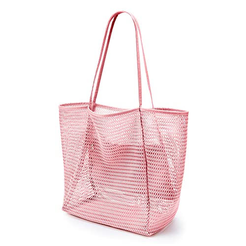 KALIDI Beach Mesh Tote Bag, Casual MAX 23L Summer Foldable Hobo Bag Women - color: Pink