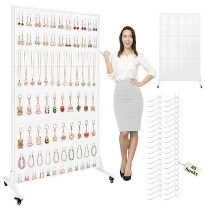 Royxen 70 x 44 Inch Metal Pegboard with 40 Hooks, Large Standing Pegboard Display with T-Base, Peg Board Display Stand with Wheels, Art Display Stand for Retail Stores Exhibitions Homes (White) - color: White