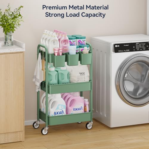 YASONIC 3-Tier Rolling Cart, Green, 66 Pounds Capacity, Mesh Storage Organizer with Lockable Wheels, 3 Hanging Cups, 4 Hooks, Easy Assembly, for Kitchen, Bathroom, Laundry, Grocery - color: Green