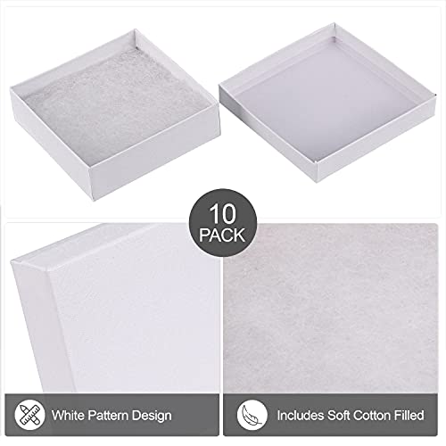 Cardboard Jewelry Boxes 10 Pack - 3.5"x3.5"x1" Bulk Cotton Filled Small Gift Boxes with Lids for Jewelry Packaging (White) - color: White